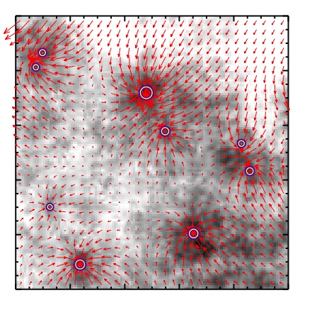 El modelo del medio interestelar con una distribución fractal de densidad, identificando con círculos las densas nubes moleculares a partir de las cuales se formarán las protoestrellas. Las flechas indican las fuerzas gravitacionales que crean. Fuente: Igor Chilingaryan Andrew Klishin.