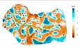 Зоны генетических барьеров во внутренней Евразии обозначены коричневым цветом (величина барьера соответствует интенсивности цвета по шкале). Зоны генетических смешений показаны голубым цветом (степень соответствует интенсивности цвета по шкале)