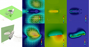 Поля скорости, давления и завихренности потоков воздуха на крыле в двумерных срезах трёхмерной компьютерной симуляции полёта жука-перокрылки Paratuposa placentis. Из Farisenkov et al., 2021 с изменениями.