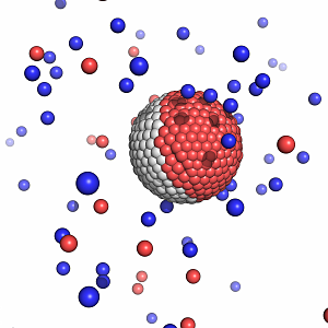 Компьютерная модель наночастицы Януса с неравномерным зарядом поверхности в окружении ионов соли. Источник: Тарас Молотилин